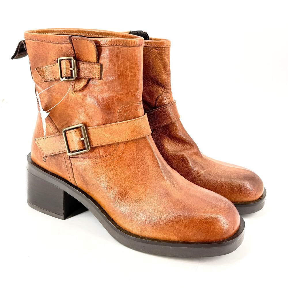 Roan by Bed Stu Spry Leather Engineer Booties Sz 8 Pecan Austin Double Buckle